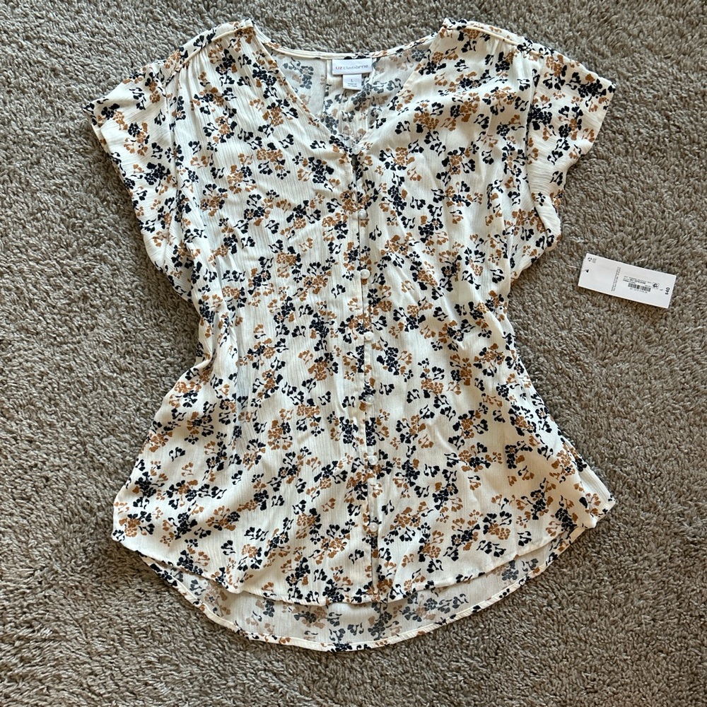 Liz Claiborne Cream and Black Floral Button-Down Blouse